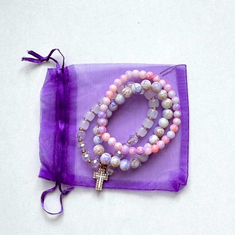 Purple and Pink Beaded Rosary Bracelet Set